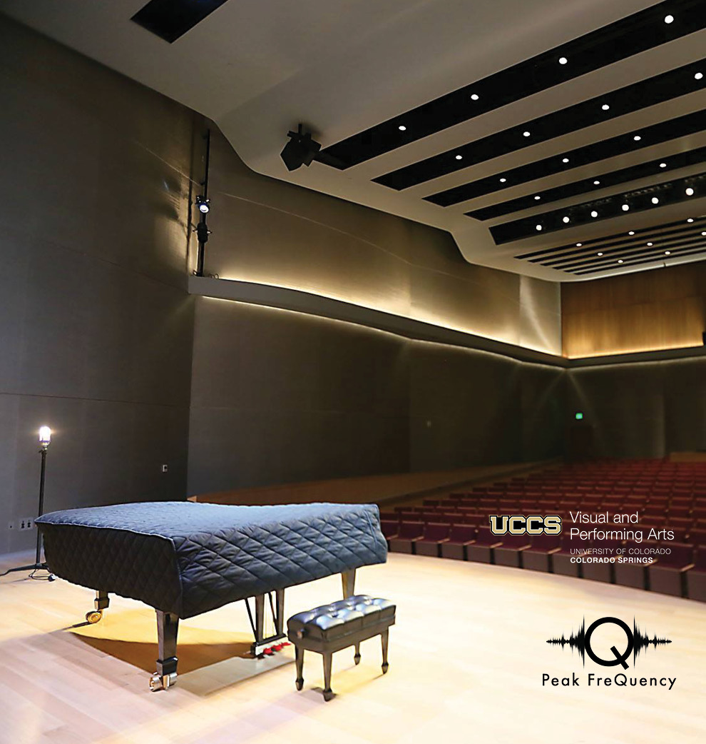 picture of covered piano on stage in chapman foundations recital hall