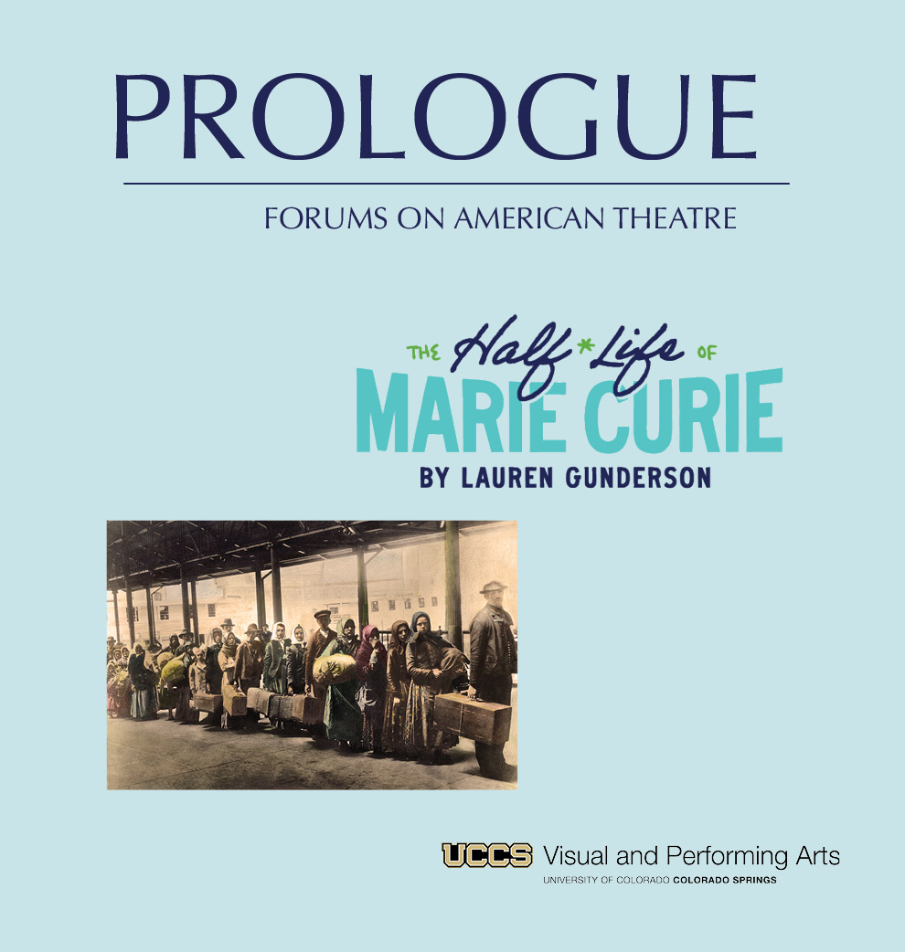 prologue logo with half-life of marie curie wordmark and vintage photo of immigrants in line at ellis island